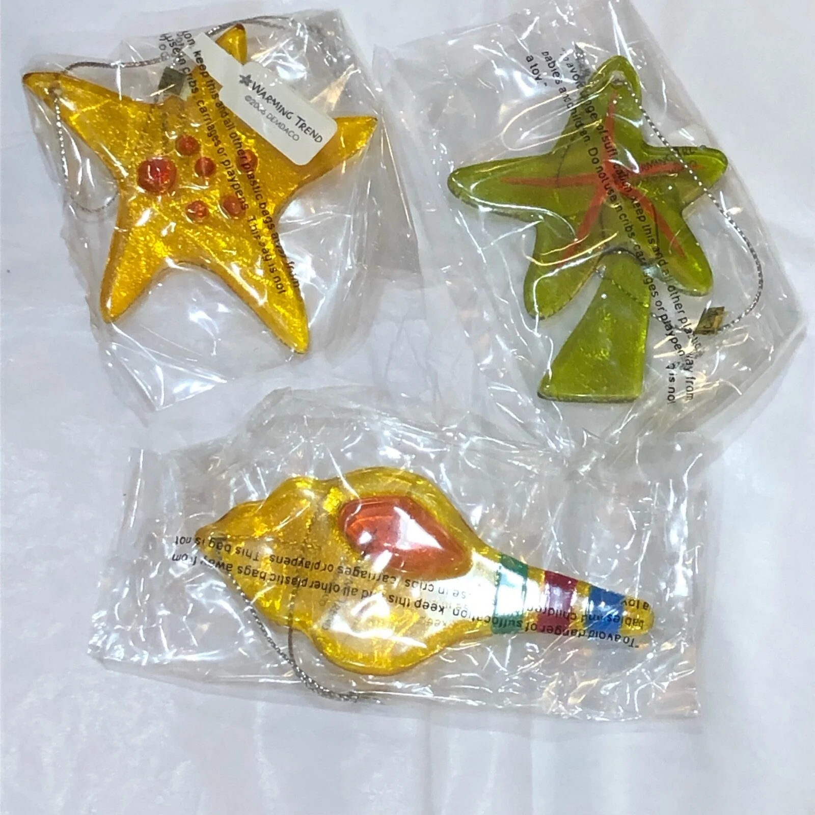 Set of 3 DEMDACO Fused Glass Ornaments 3" - 3.25" Shell, Palm & Starfish NEW